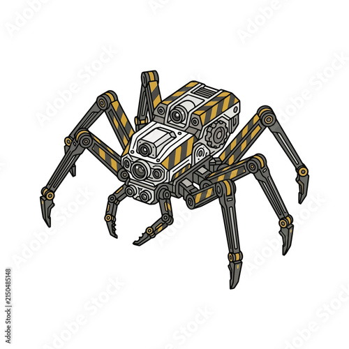 Multi-legged spider robot with hazard stripes and sensors.