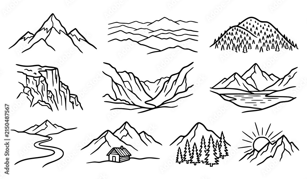 Fototapeta premium Hand Drawn Mountain Landscape Collection with Alpine Peaks Forest Lake Cabin and Nature Vector Set