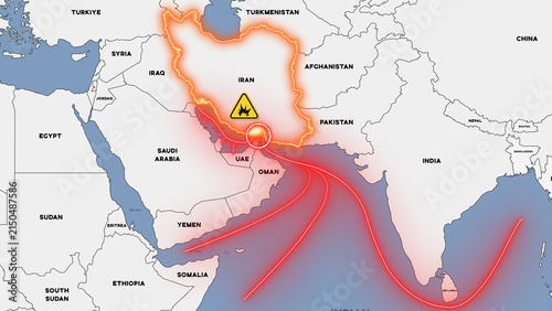 Illustration of the Middle East map showing the Strait of Hormuz crisis. Trade and oil routes are marked with red lines following Iran's closure of the strait.