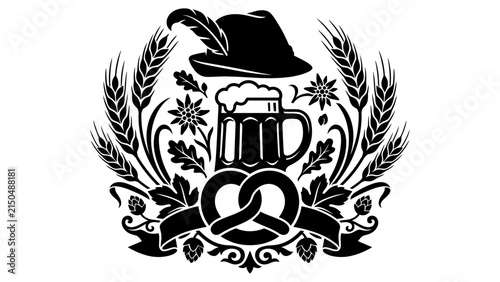 Oktoberfest beer festival icon with pretzel and traditional hat for german holiday decor.