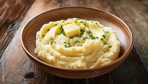 creamy homemade mashed potatoes with melting butter pat and chives in rustic ceramic bowl on farmhouse table