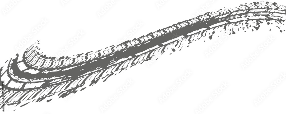 Obraz premium Grunge tire track, wheel braking marks. Truck, car or motorcycle tread pattern silhouette. Auto race, motorsport, speed racing design element. Vector