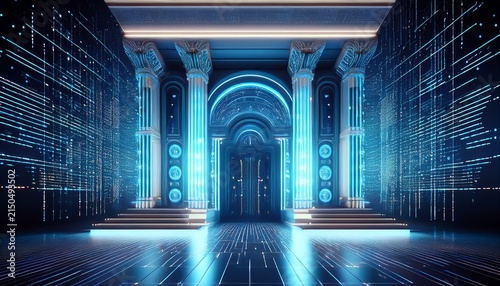 digital data walls flanking neoclassical building entrance in 3d render representing advanced data security and modern cyber protection infrastructure