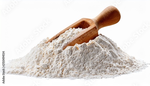 heap of organic wheat flour with rustic wooden scoop sitting on top baking isolated on white or white background png die cut for advertising
