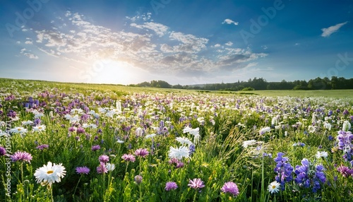 beautiful green field with white and purple flowers
