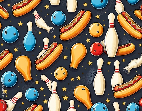 seamless bowling pattern with pins balls hot dogs stars and fun sports background design
