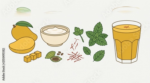 Vegan Mango Lassi Ingredients Illustration with Mango, Plant Based Yogurt, Cardamom, Saffron, Mint and Finished Golden Drink on White Background