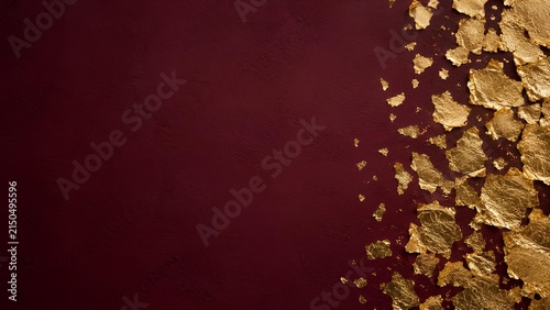 和紙のような質感の赤い背景と舞い散る金箔 / Red background with washi texture and dancing gold leaf (Generative AI)