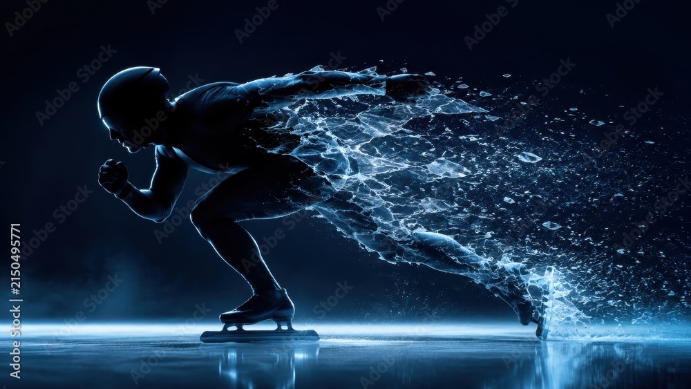 Fototapeta premium A determined skater gliding across the ice with incredible speed leaving glittering shards in motion.