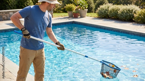 Pool cleaning worker, skimming leaves from residential swimming pool, professional backyard maintenance service for clear water and outdoor property care