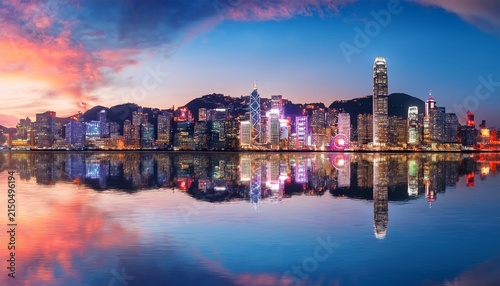 breathtaking hong kong skyline panorama at twilight with vibrant city lights and water reflections