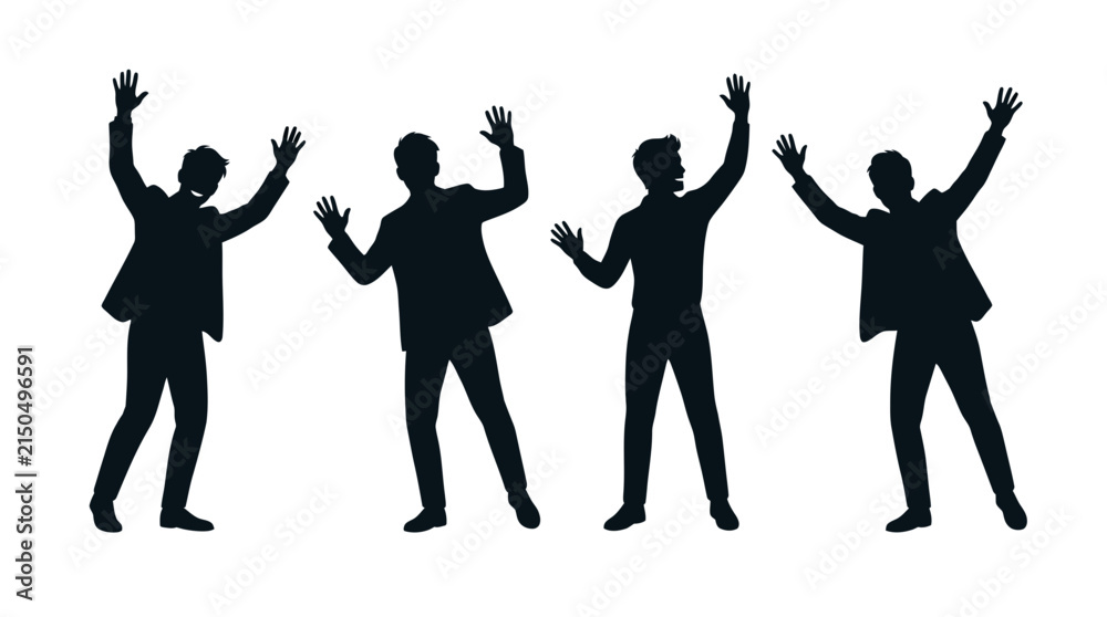 Fototapeta premium Cheerful businessmen silhouettes showing excitement and waving hands in this creative flat style vector design illustration