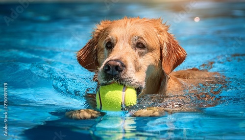 golden retriever dog swimming in pool holding ball