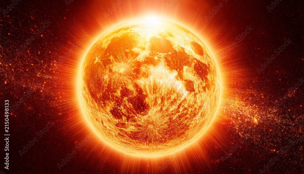 Fototapeta premium a radiant golden sun glowing with intense heat and light against a deep red space background representing cosmic power and energy