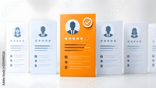 Successful job application concept showing a brightly colored orange 3D resume card with an approval checkmark standing out from standard cv documents