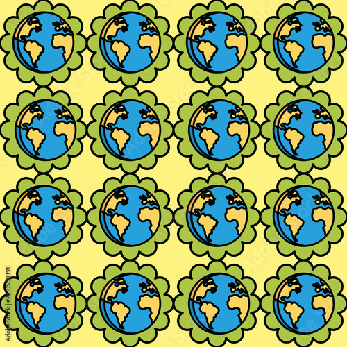 Planet earth flower globe seamless pattern on yellow background, eco environment vector