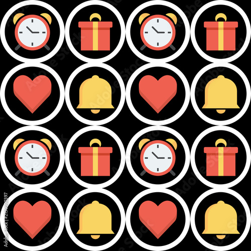 Cute holiday icon seamless pattern with clock gift heart and bell on black background