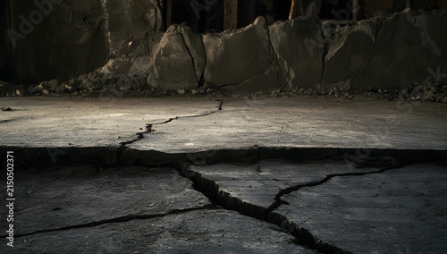 A cracked concrete floor with pronounced fissures and a fragmented cement wall, illuminated only by a dim interior, reveals signs of earthquake damage and structural instability.
