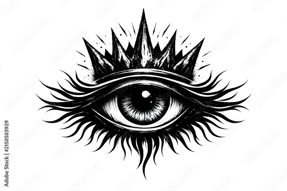 Obraz premium Gothic eye tattoo illustration with crown, mystical all seeing eye drawing, dark occult eyeball art on white background
