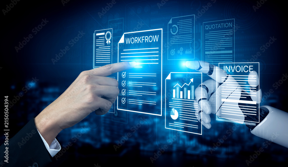 Fototapeta premium Futuristic Interaction Between Human Hand and Robotic Hand over Digital Documents in Business Process Workflow Concept. Bitwise.