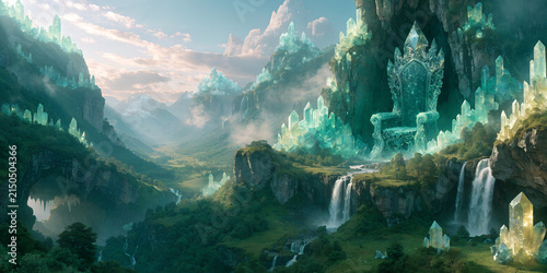 The Throne of the Crystalline Monarch A Majestic Colossal Seat Carved into Glowing Quartz Cliffs Above Cascading Waterfalls in a Mist-Shrouded Enchanted Valley