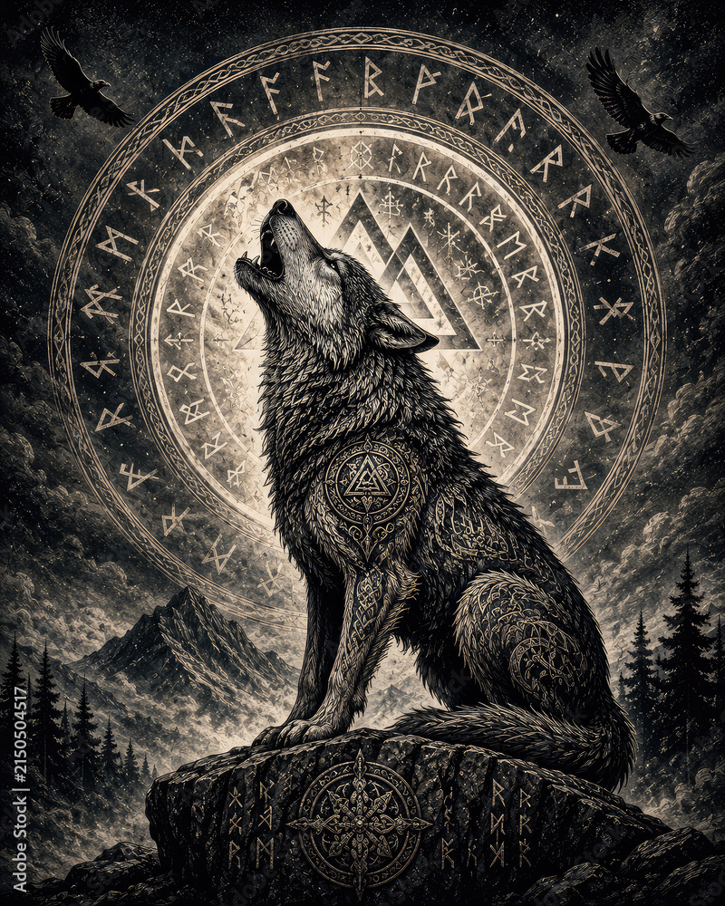 Naklejka premium Norse Wolf with Viking Runes and Valknut Symbol Mystical Scandinavian Illustration