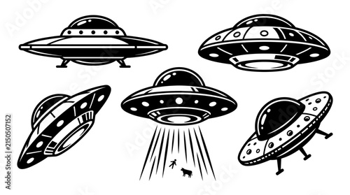 Detailed black and white flying saucer vector illustrations set depicting various classic alien spacecraft designs