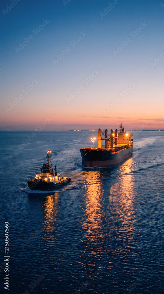 Fototapeta premium Cargo ship and tugboat navigating calm waters at sunset, reflecting colors on the surface