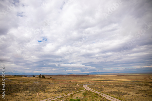 Wide-angle landscape photograph featuring a rural dirt road winding through vast open prairie and plains toward a distant horizon under a textured, overcast sky. Ideal background western, adventure