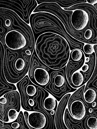 Abstract black and white art, textured background.