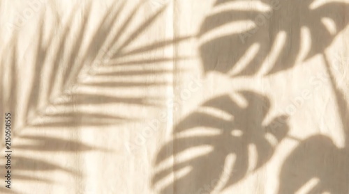 Minimal shadow background of monstera and palm leaves on beige fabric