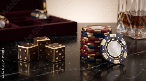 Poker chips and wooden dice rest on a polished black marble table beside a glass of whiskey.