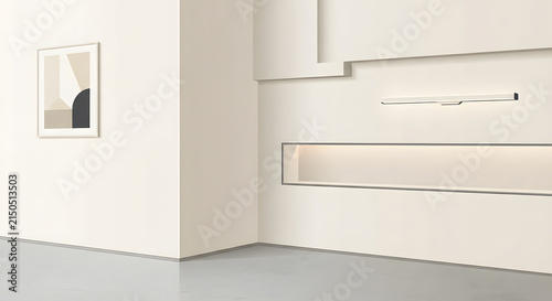 Minimalist interior wall with abstract art and recessed lighting
