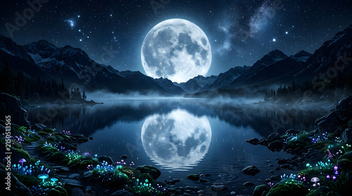 Glowing Moon Reflected in a Misty Lake Beneath a Fantasy Night Sky Desktop Wallpaper 4k