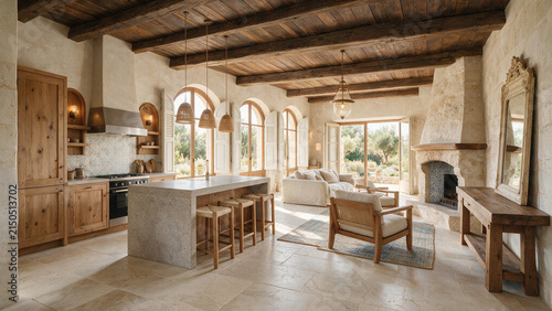 Luxury Neutral Wabi Sabi Living Room and Kitchen