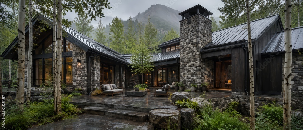 Fototapeta premium Rain-drenched luxury mountain cabin with rustic stonework chimney, metal roof and glass windows opening onto a stone patio, surrounded by aspen and pine forest near a rugged peak