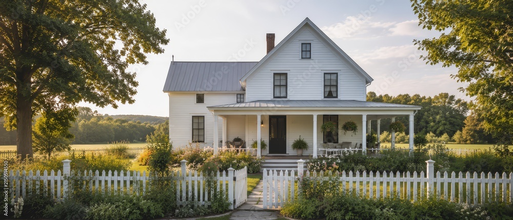 Fototapeta premium Sunlit white farmhouse with a wide wraparound porch, classic picket fence and landscaped flowerbeds set in tranquil rural countryside with trees, open fields and afternoon light