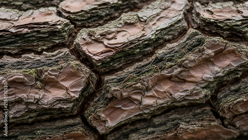 Detailed macro view showcasing rugged pine tree bark texture with layered brown and green organic patterns
