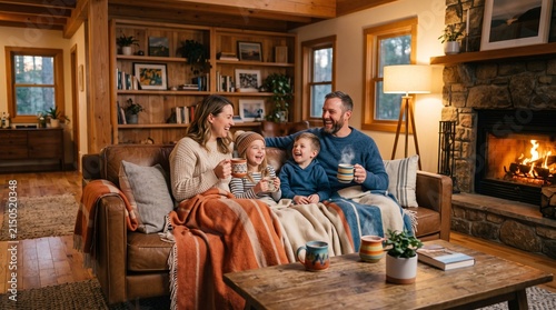 Commercial indoor cozy lifestyle photograph of a happy young family wrapped in plaid blankets, sitting together on a leather couch holding red enamel mugs – cozy home, autumn winter warmth, family bon