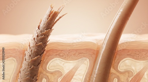 A close-up 3D render showing a split hair strand next to a healthy one emerging from human skin.