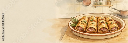The national dish of Italian cuisine. 
Tuscan cannelloni is an Italian pasta stuffed with chicken liver and ham pate, baked with giblets meat sauce. A banner with space for the text. 