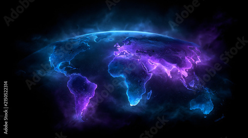 Digital World Map Glowing with Blue and Purple Light