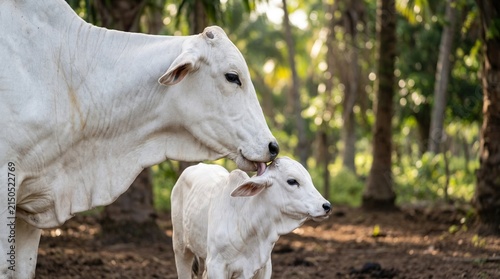 White Nelore cow and her cute calf standing together in a green pasture during golden hour sunset on a rural farm, livestock breeding and animal husbandry concept.