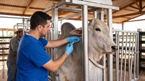 Veterinarian in blue scrubs and gloves vaccinating white cattle in a metal squeeze chute on a farm, livestock management and animal health care.