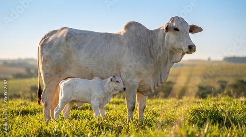 White Nelore cow and her cute calf standing together in a green pasture during golden hour sunset on a rural farm, livestock breeding and animal husbandry concept.