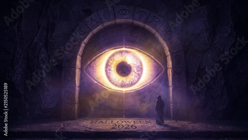 Quadro su tela A mysterious robed figure observes an ancient glowing eye portal marked Hallowee