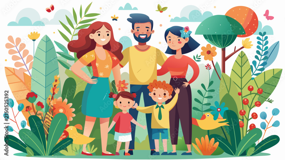 Naklejka premium Happy diverse family standing in colorful nature garden vector illustration. Parents and children in stylized floral outdoor background.