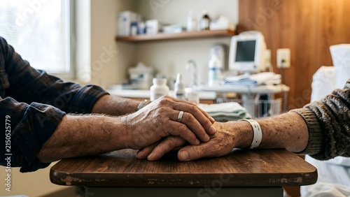 Elderly hands holding in a hospital room, symbolizing care and comfort.