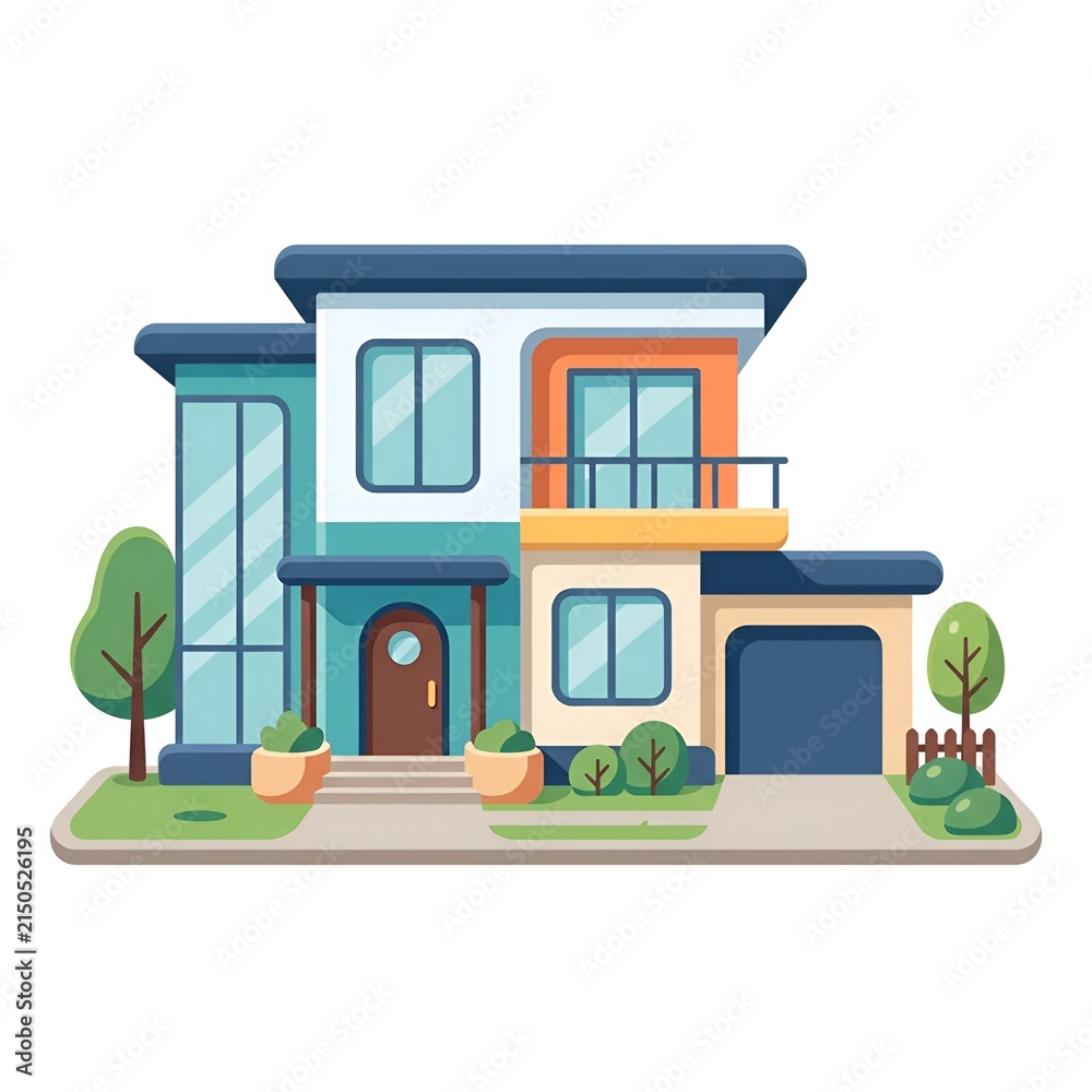 Obraz premium Modern House Illustration with Garage and Balcony in a Flat Vector Design Style for Architectural Concepts