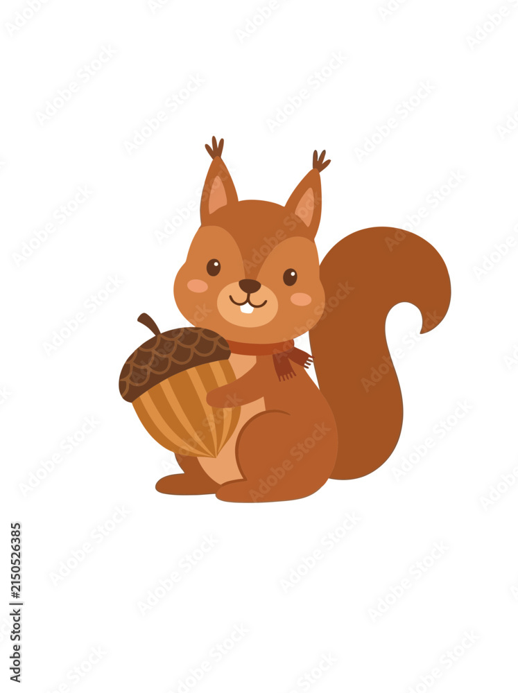 Obraz premium A cute cartoon brown squirrel with a fluffy tail holding a large striped acorn, wearing a small red scarf, on a white background.